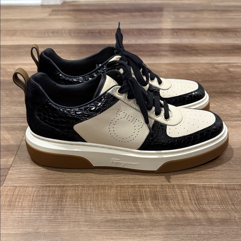 Salvatore Ferragamo Black, Cream & Brown Low-Top Sneaker